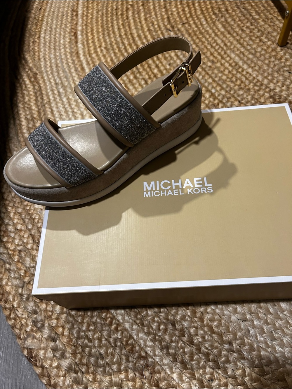 MICHAEL Michael Kors Taupe Glitter Strap Platform Sandal